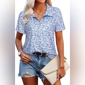 MCKOL Women's Loose Fit Short Sleeve Zipper Tops